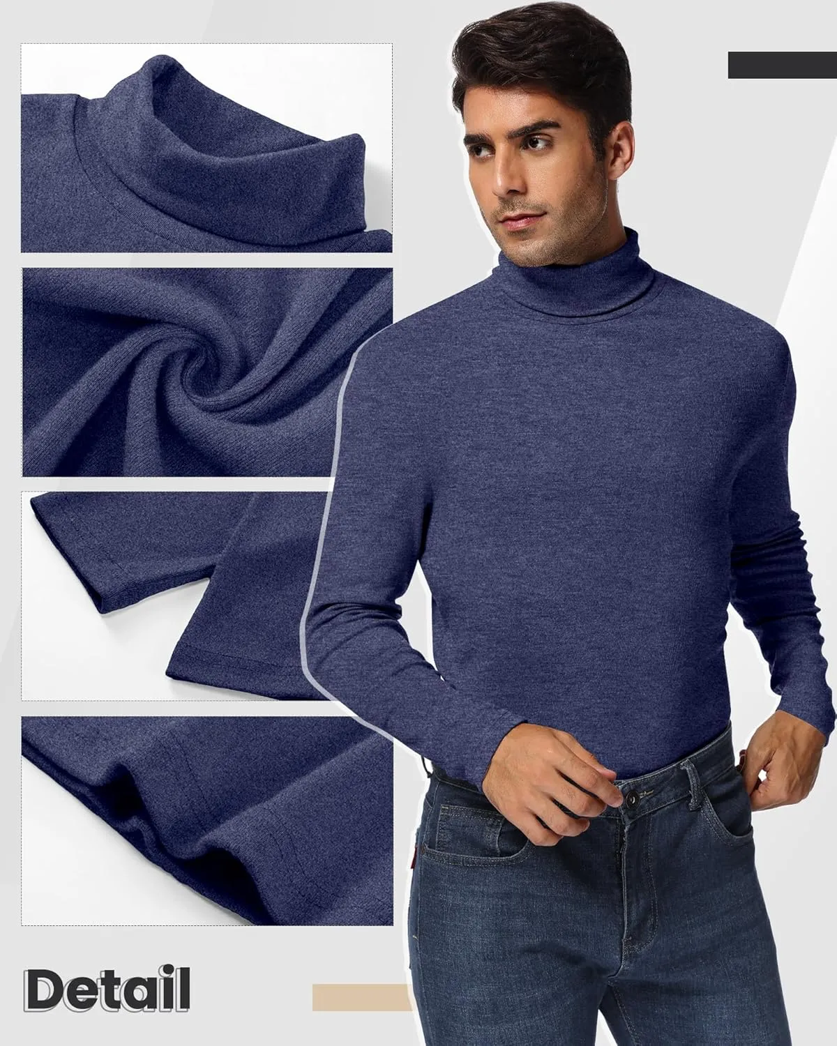Ficerd 3 Pack Men's Turtleneck Shirts, Long Sleeve Cotton Pullover Sweaters Mock Neck Knitted T Shirt Basic Slim Fit Tee Tops