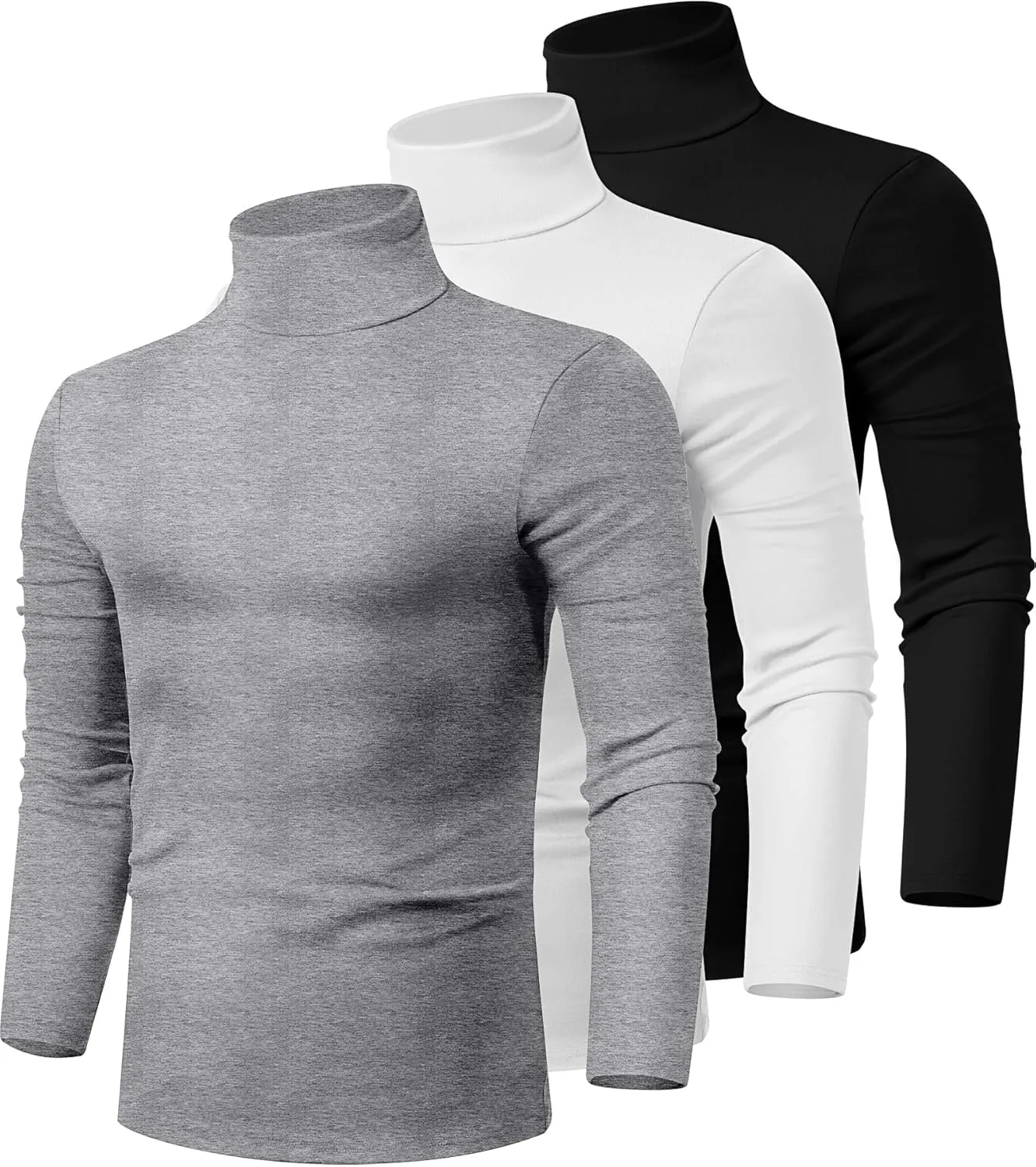 Ficerd 3 Pack Men's Turtleneck Shirts, Long Sleeve Cotton Pullover Sweaters Mock Neck Knitted T Shirt Basic Slim Fit Tee Tops