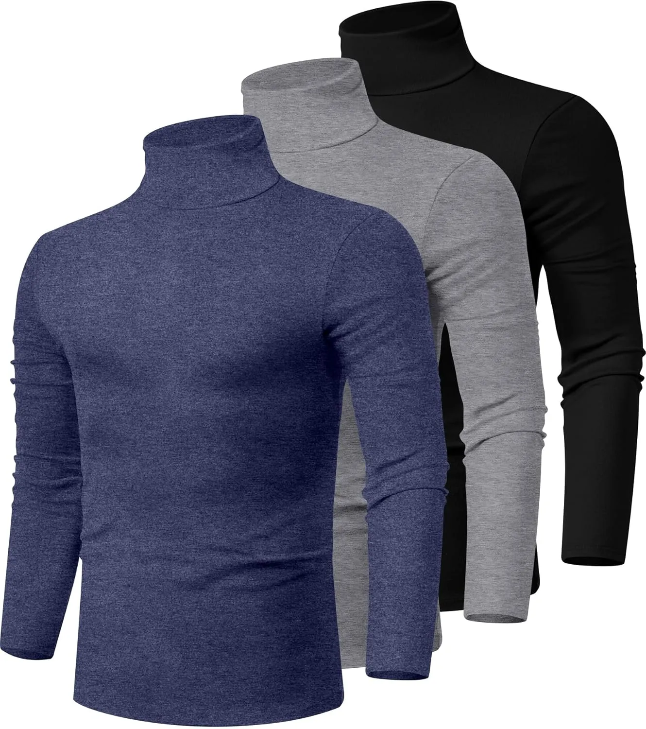 Ficerd 3 Pack Men's Turtleneck Shirts, Long Sleeve Cotton Pullover Sweaters Mock Neck Knitted T Shirt Basic Slim Fit Tee Tops