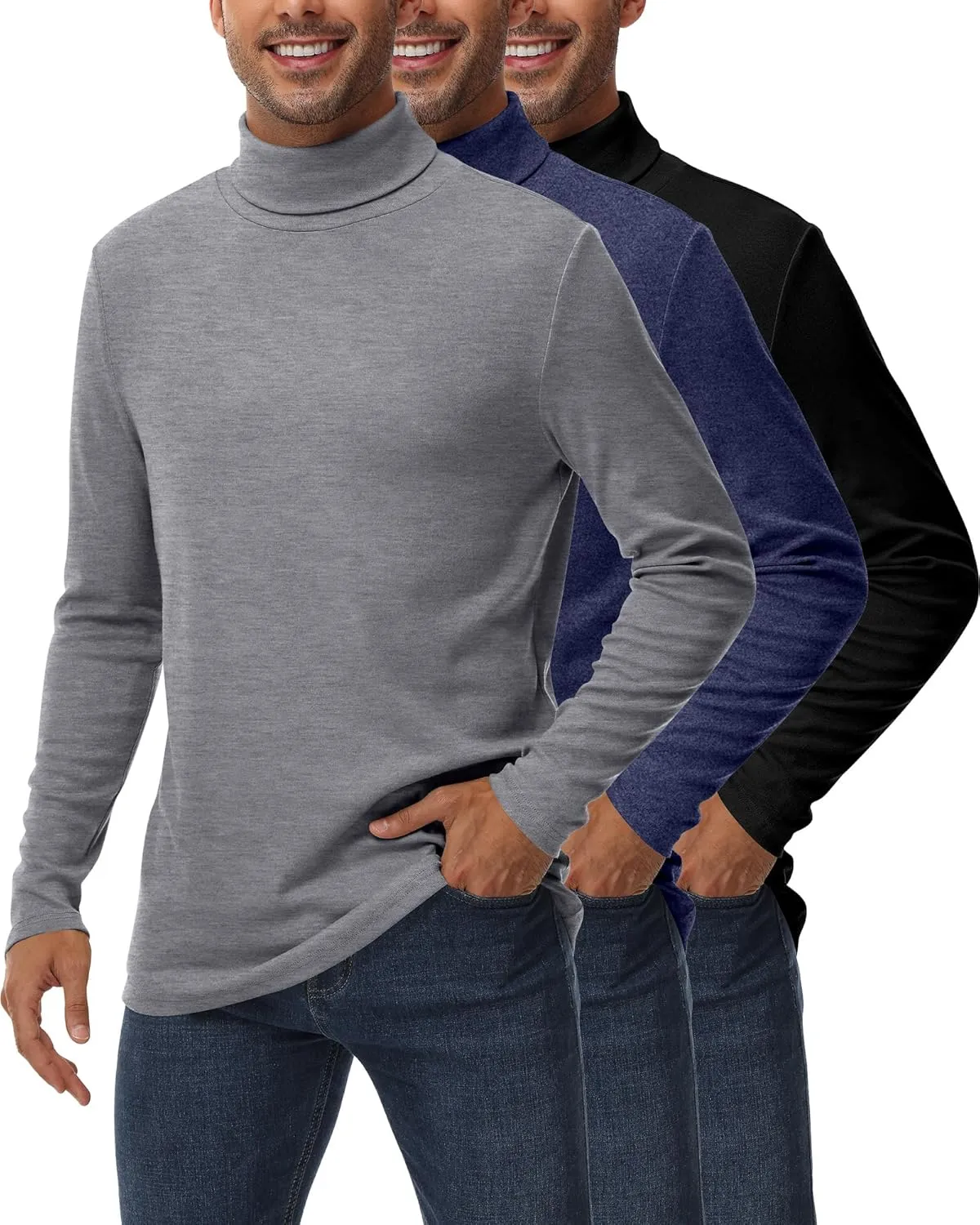 Ficerd 3 Pack Men's Turtleneck Shirts, Long Sleeve Cotton Pullover Sweaters Mock Neck Knitted T Shirt Basic Slim Fit Tee Tops