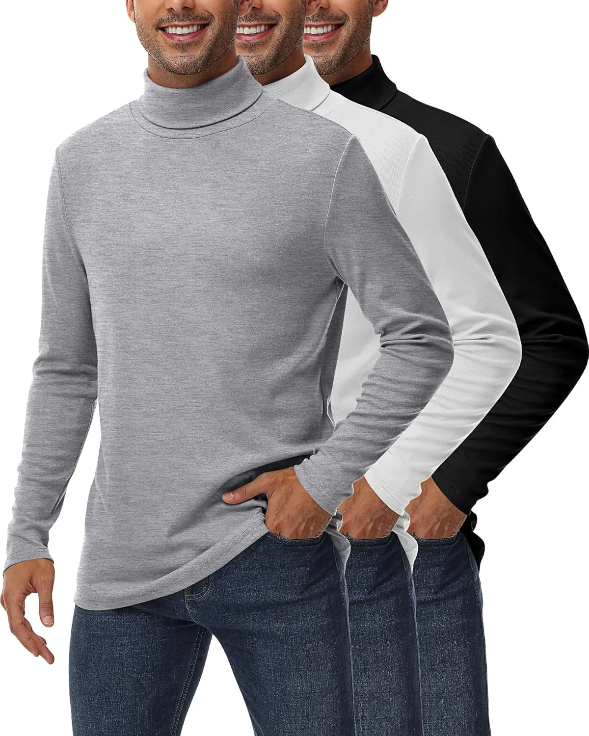 Ficerd 3 Pack Men's Turtleneck Shirts, Long Sleeve Cotton Pullover Sweaters Mock Neck Knitted T Shirt Basic Slim Fit Tee Tops