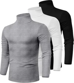 Ficerd 3 Pack Men's Turtleneck Shirts, Long Sleeve Cotton Pullover Sweaters Mock Neck Knitted T Shirt Basic Slim Fit Tee Tops