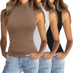 Ficerd 3 Pack Womens Sleeveless Tank Tops, Mock Neck Cotton Summer Shirts Slim Fit Stretch Tops Basic Lightweight Knit Tee