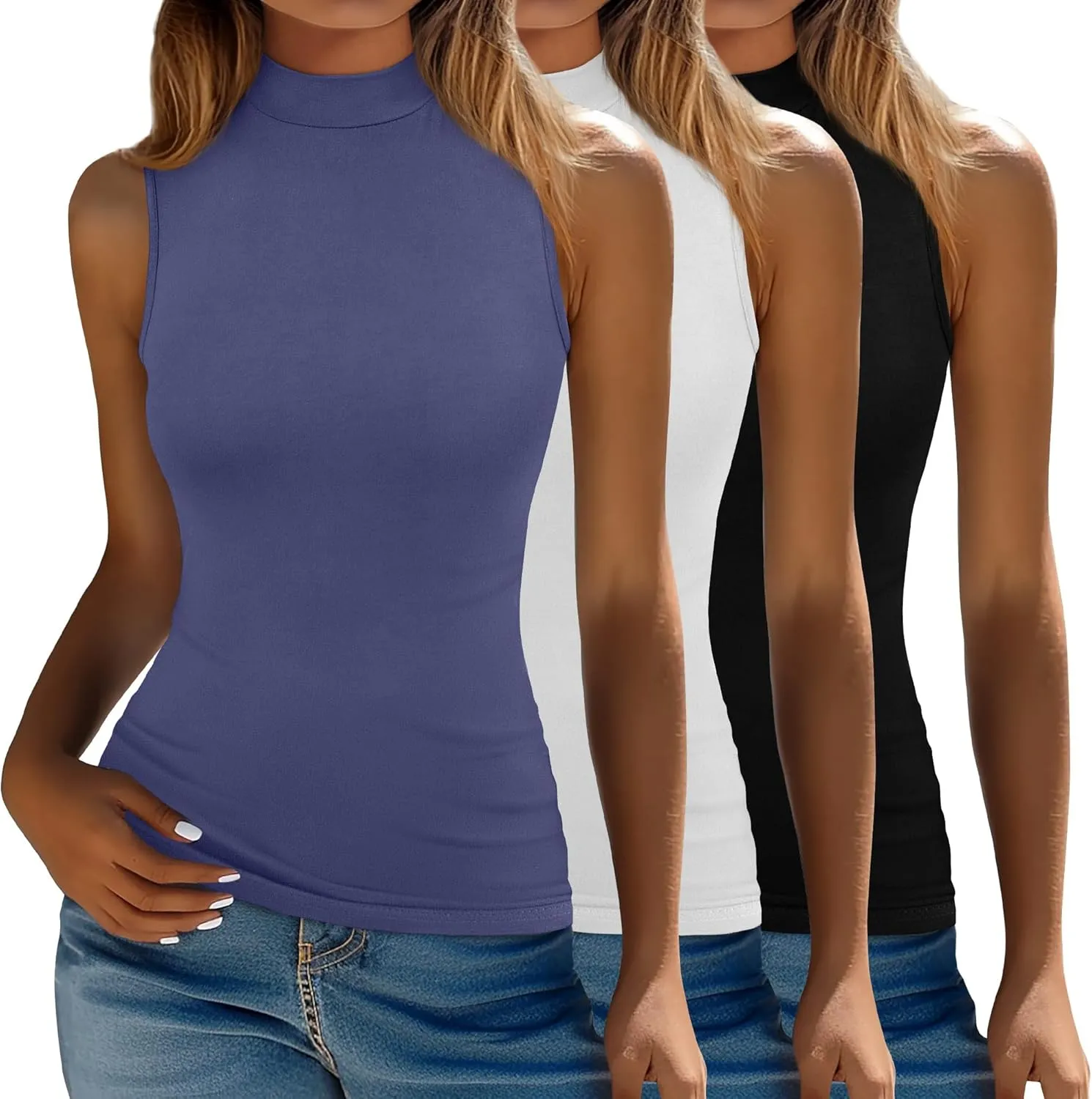 Ficerd 3 Pack Womens Sleeveless Tank Tops, Mock Neck Cotton Summer Shirts Slim Fit Stretch Tops Basic Lightweight Knit Tee