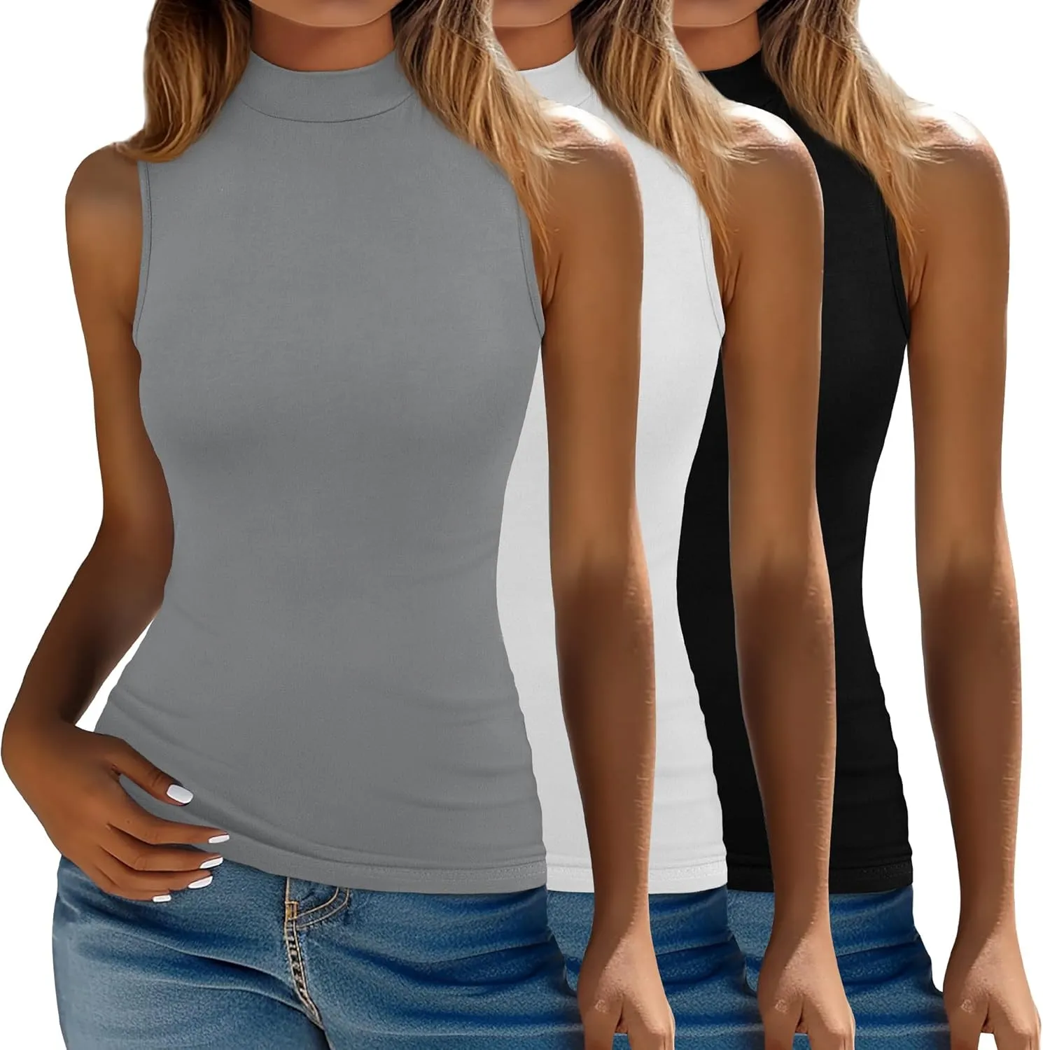 Ficerd 3 Pack Womens Sleeveless Tank Tops, Mock Neck Cotton Summer Shirts Slim Fit Stretch Tops Basic Lightweight Knit Tee