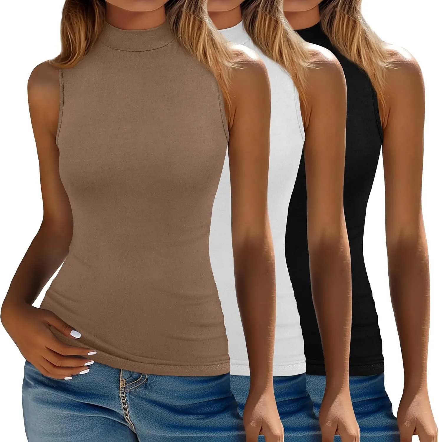 Ficerd 3 Pack Womens Sleeveless Tank Tops, Mock Neck Cotton Summer Shirts Slim Fit Stretch Tops Basic Lightweight Knit Tee