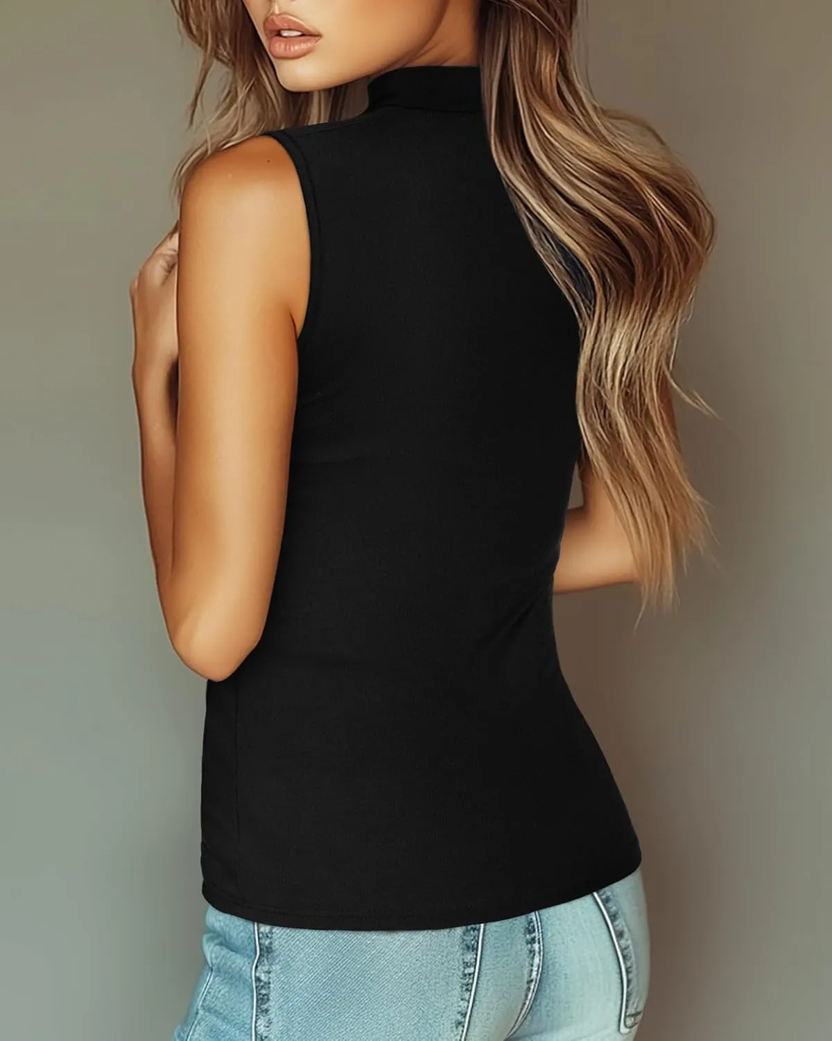 Ficerd 3 Pack Womens Sleeveless Tank Tops, Mock Neck Cotton Summer Shirts Slim Fit Stretch Tops Basic Lightweight Knit Tee