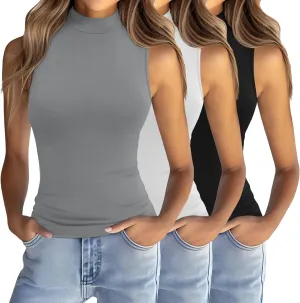 Ficerd 3 Pack Womens Sleeveless Tank Tops, Mock Neck Cotton Summer Shirts Slim Fit Stretch Tops Basic Lightweight Knit Tee