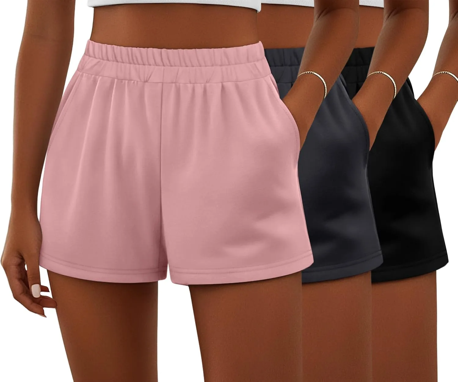 Ficerd 3 Pack Women's Sweat Shorts, Elastic High Waist Casual Summer Lounge Cotton Comfy Athletic Shorts with Pockets