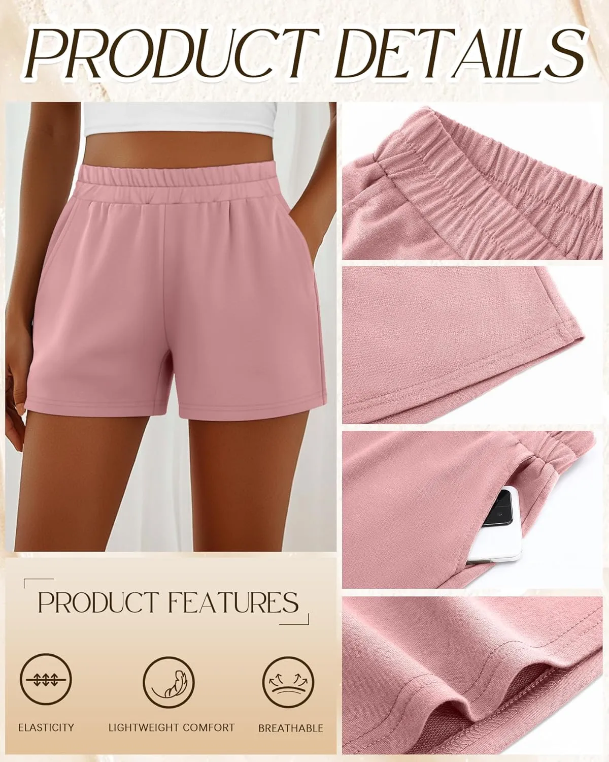Ficerd 3 Pack Women's Sweat Shorts, Elastic High Waist Casual Summer Lounge Cotton Comfy Athletic Shorts with Pockets