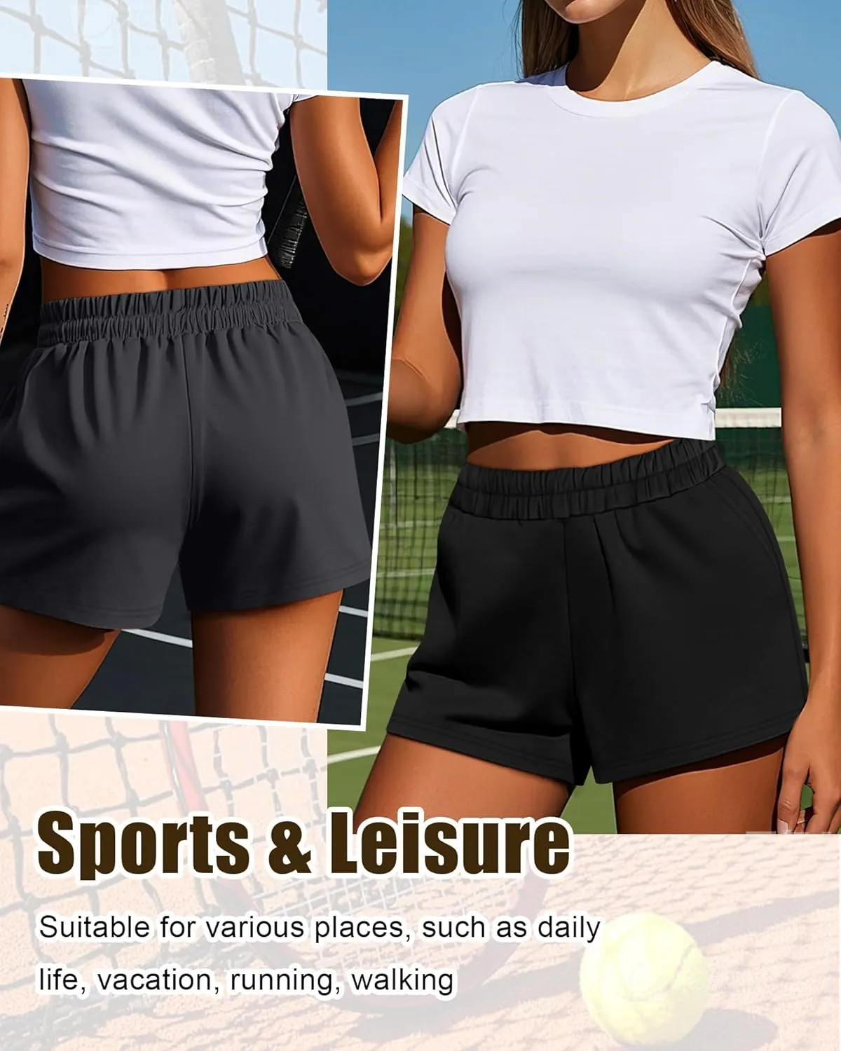 Ficerd 3 Pack Women's Sweat Shorts, Elastic High Waist Casual Summer Lounge Cotton Comfy Athletic Shorts with Pockets