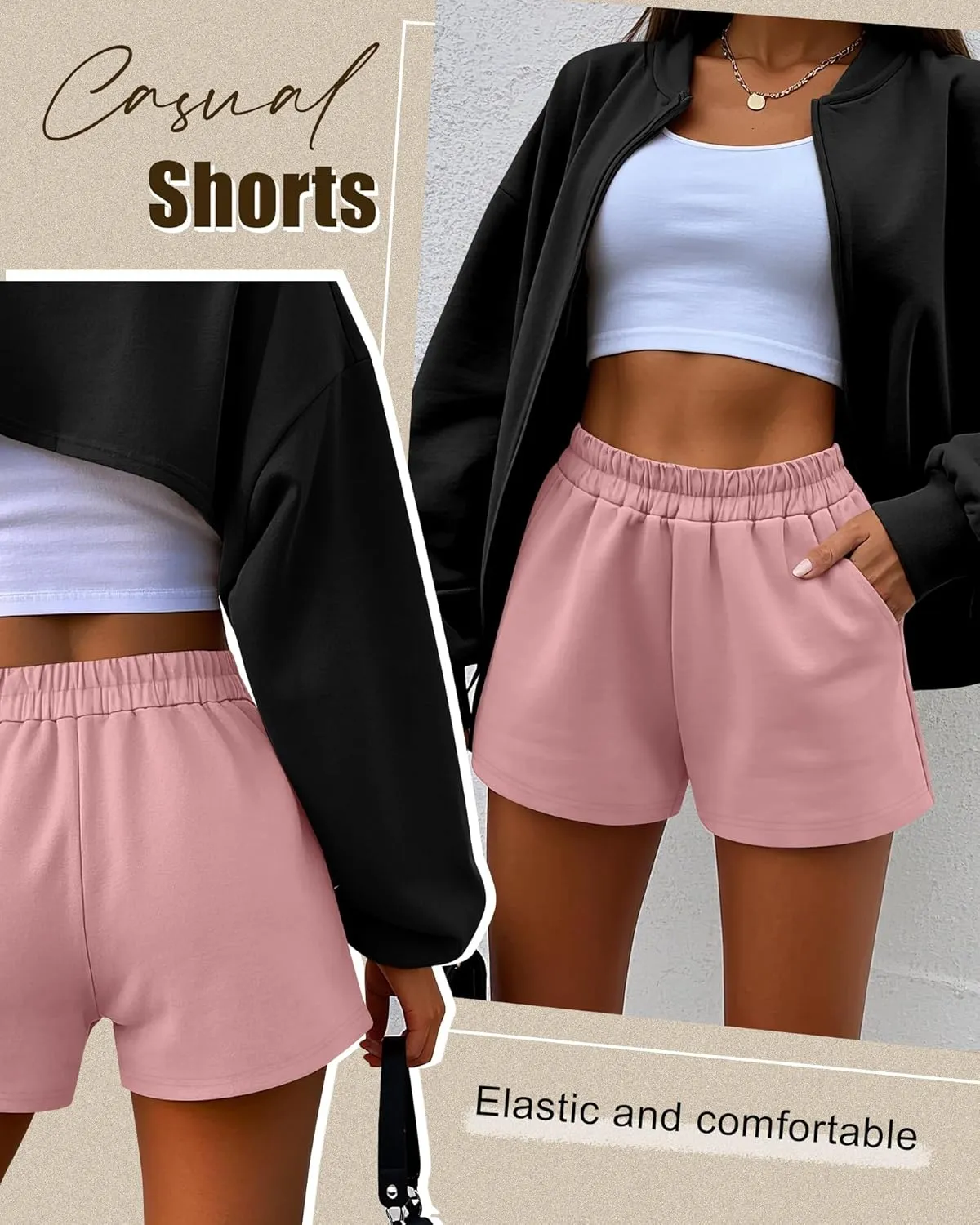 Ficerd 3 Pack Women's Sweat Shorts, Elastic High Waist Casual Summer Lounge Cotton Comfy Athletic Shorts with Pockets