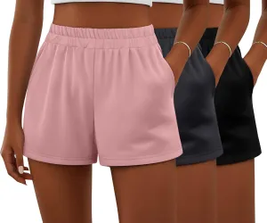 Ficerd 3 Pack Women's Sweat Shorts, Elastic High Waist Casual Summer Lounge Cotton Comfy Athletic Shorts with Pockets