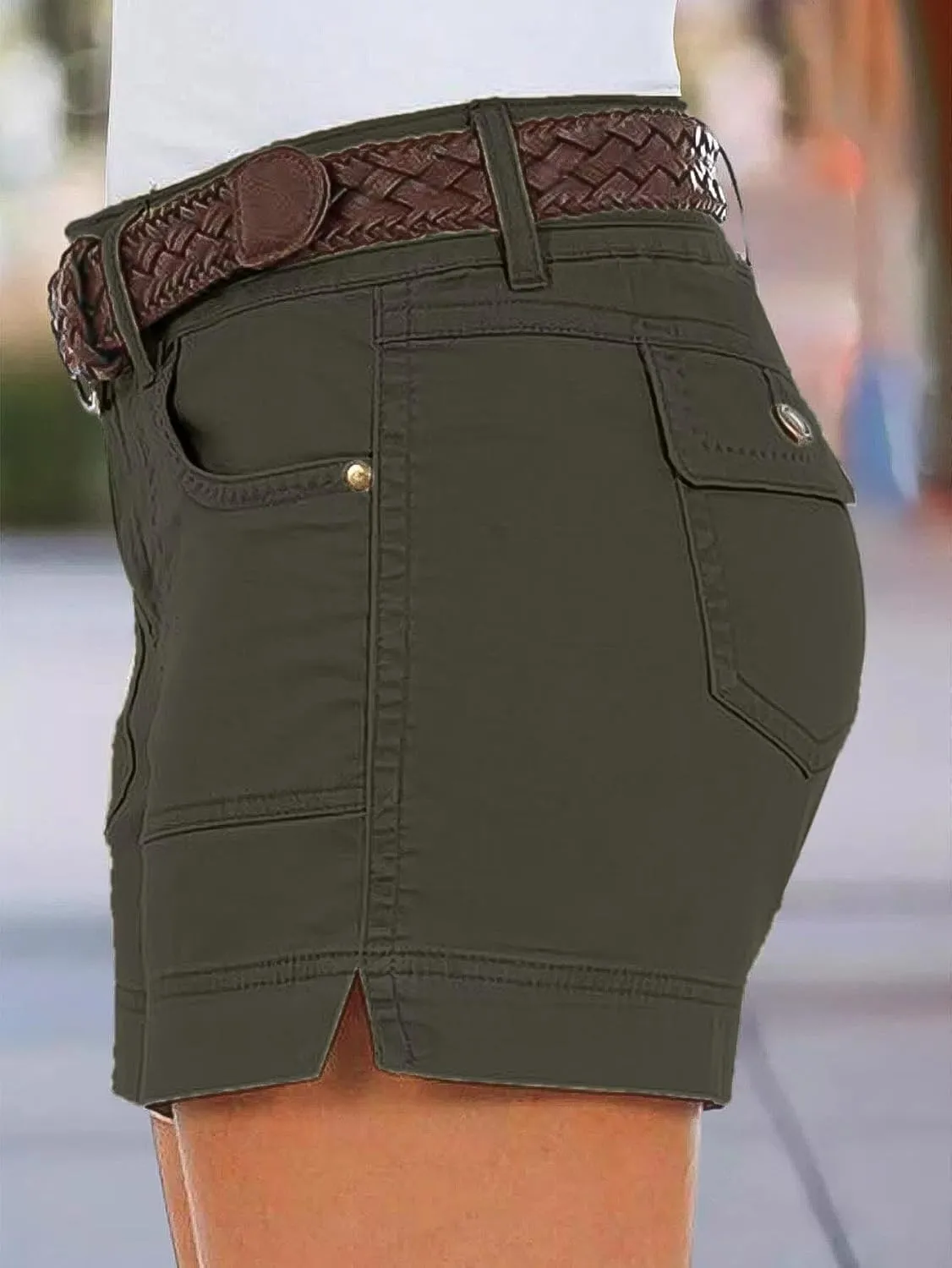 Flamingals Women's Mid Waist Solid Split Side Flap Pocket Casual Shorts