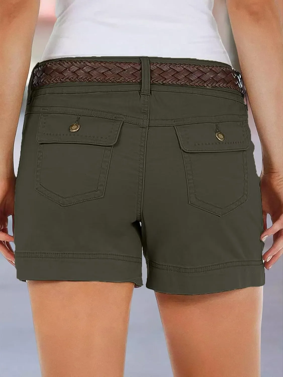 Flamingals Women's Mid Waist Solid Split Side Flap Pocket Casual Shorts