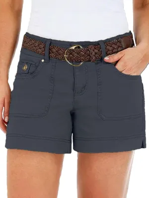 Flamingals Women's Mid Waist Solid Split Side Flap Pocket Casual Shorts