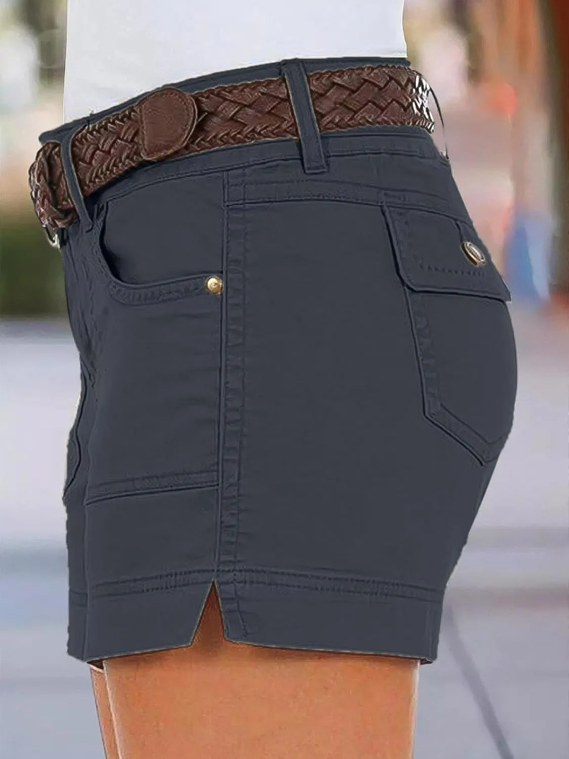 Flamingals Women's Mid Waist Solid Split Side Flap Pocket Casual Shorts