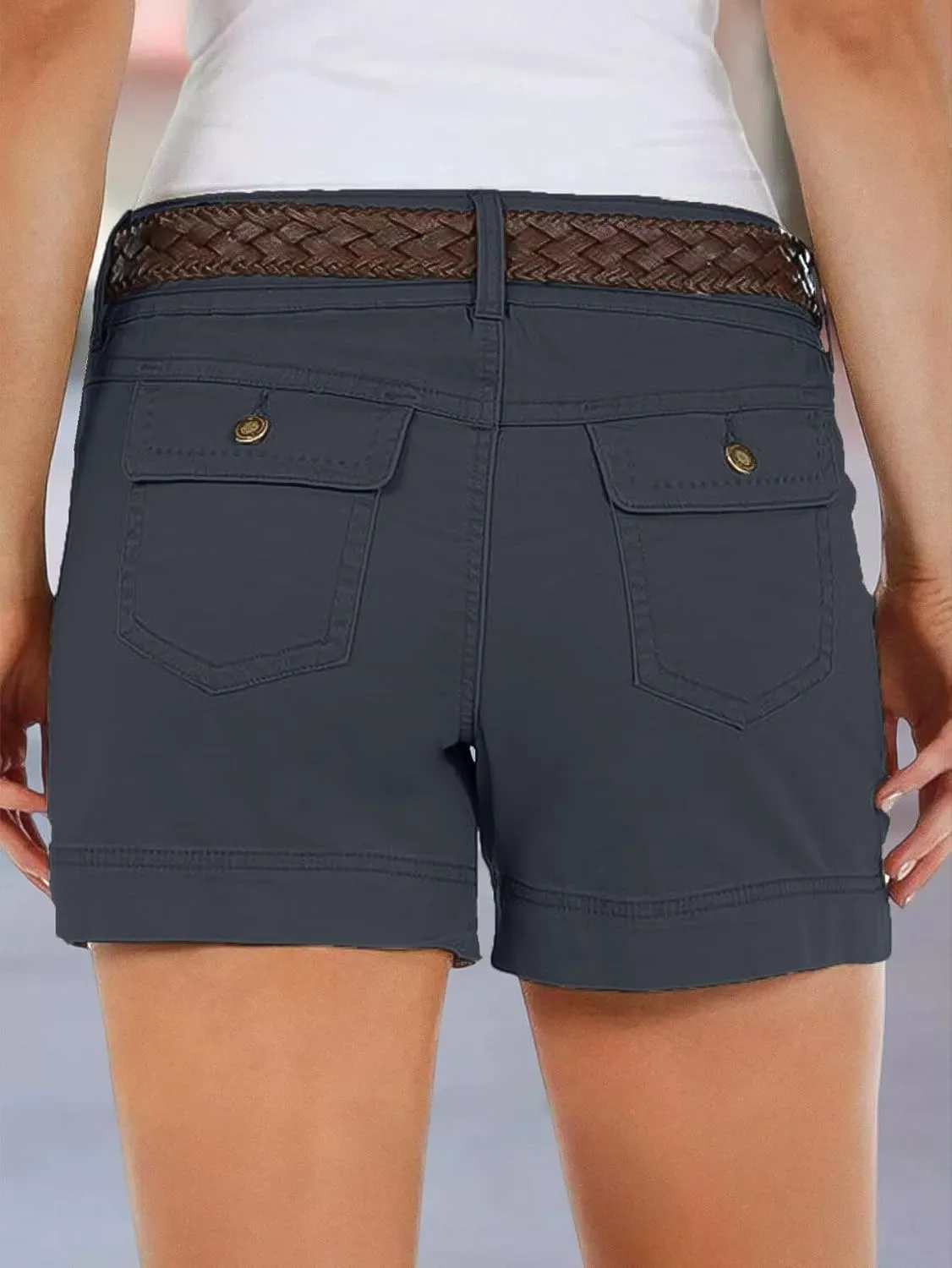 Flamingals Women's Mid Waist Solid Split Side Flap Pocket Casual Shorts