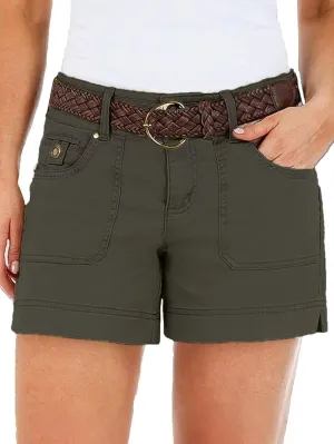 Flamingals Women's Mid Waist Solid Split Side Flap Pocket Casual Shorts