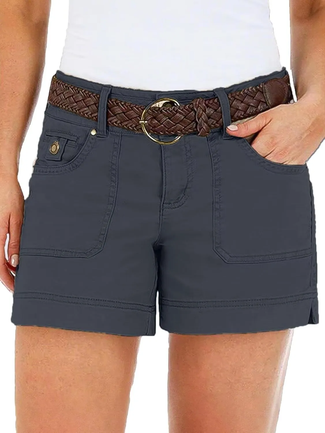 Flamingals Women's Mid Waist Solid Split Side Flap Pocket Casual Shorts
