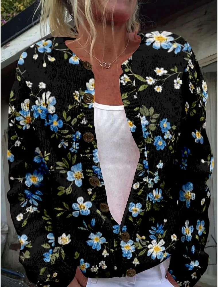 Floral Sweaters for Women Open Front Cardigan Chunky Long Sleeve Plus Size Button Up Fall Trendy Tunic Blouse