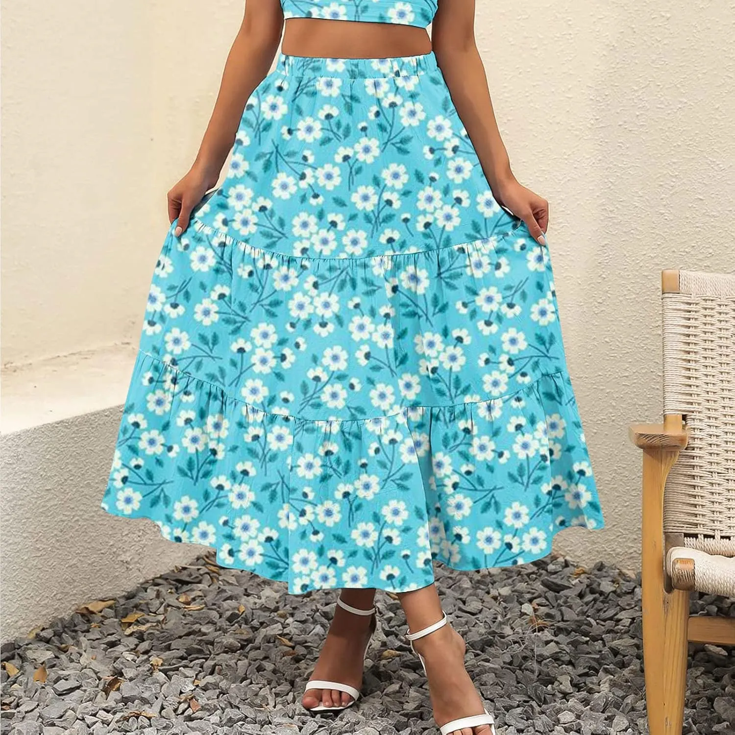 Flowy Pleated Maxi Midi Skirts for Women Casual Summer Boho Maxi Skirt Solid Color High Waisted Swing Tiered A-Line Skirt