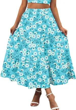 Flowy Pleated Maxi Midi Skirts for Women Casual Summer Boho Maxi Skirt Solid Color High Waisted Swing Tiered A-Line Skirt