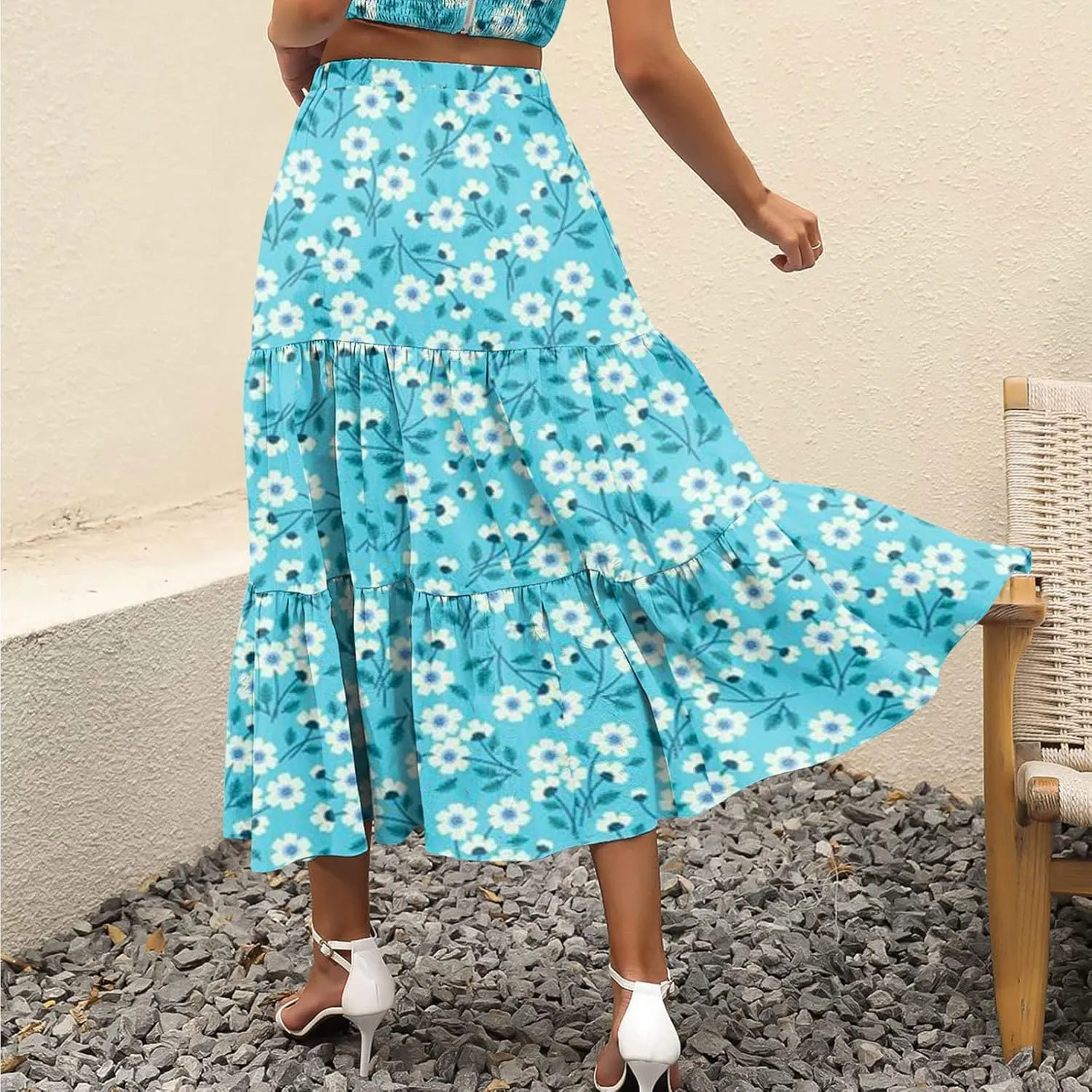 Flowy Pleated Maxi Midi Skirts for Women Casual Summer Boho Maxi Skirt Solid Color High Waisted Swing Tiered A-Line Skirt