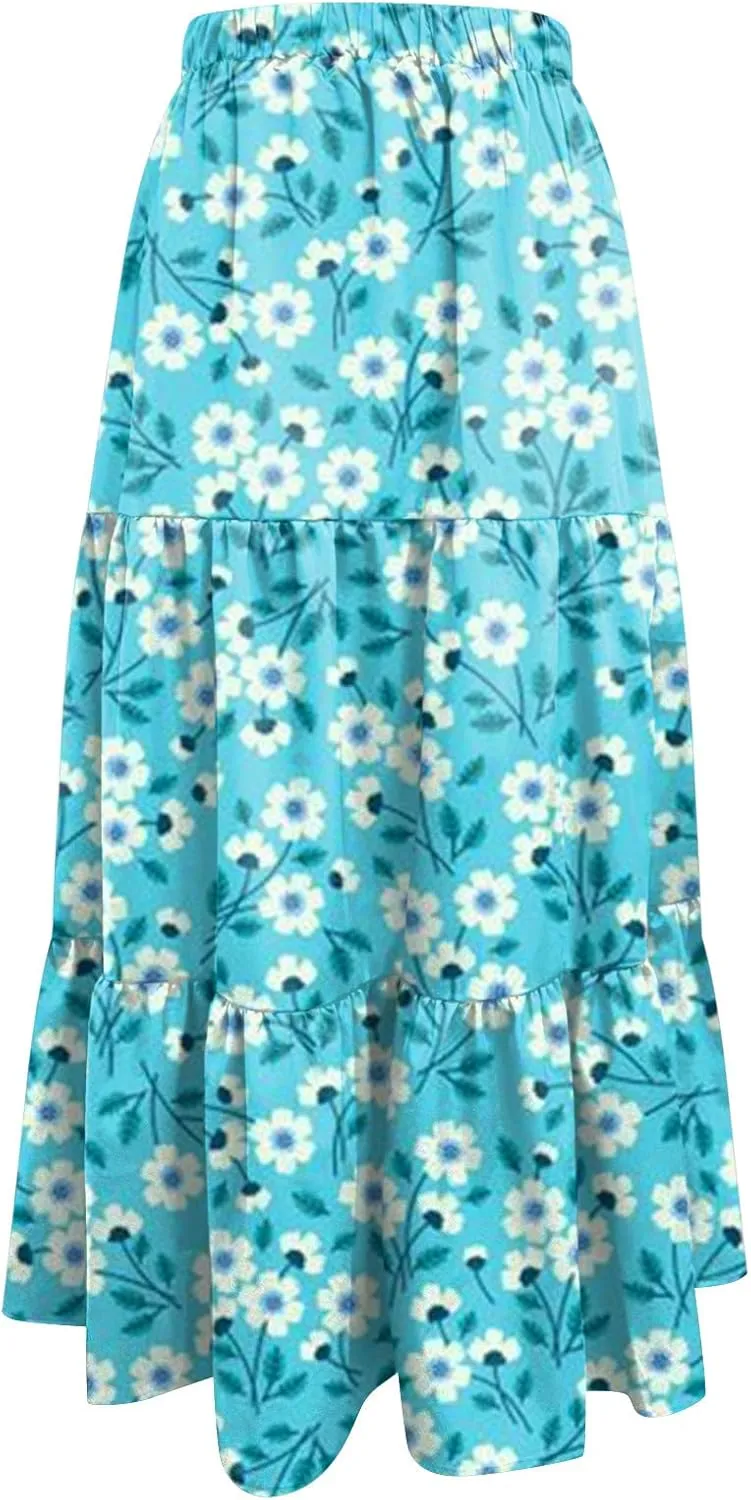 Flowy Pleated Maxi Midi Skirts for Women Casual Summer Boho Maxi Skirt Solid Color High Waisted Swing Tiered A-Line Skirt