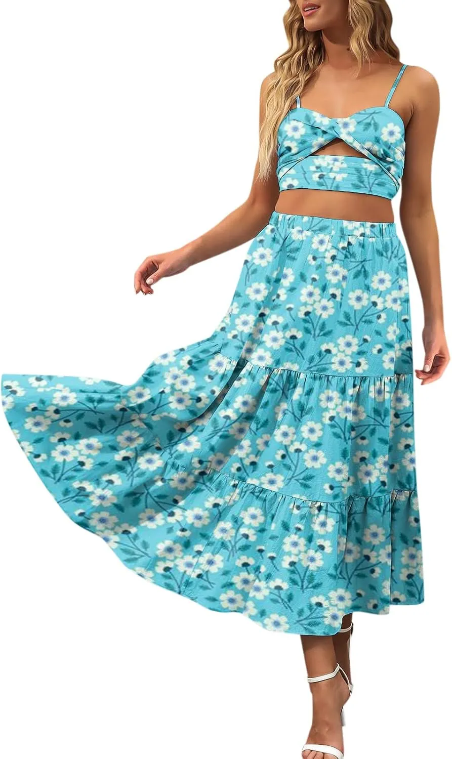Flowy Pleated Maxi Midi Skirts for Women Casual Summer Boho Maxi Skirt Solid Color High Waisted Swing Tiered A-Line Skirt