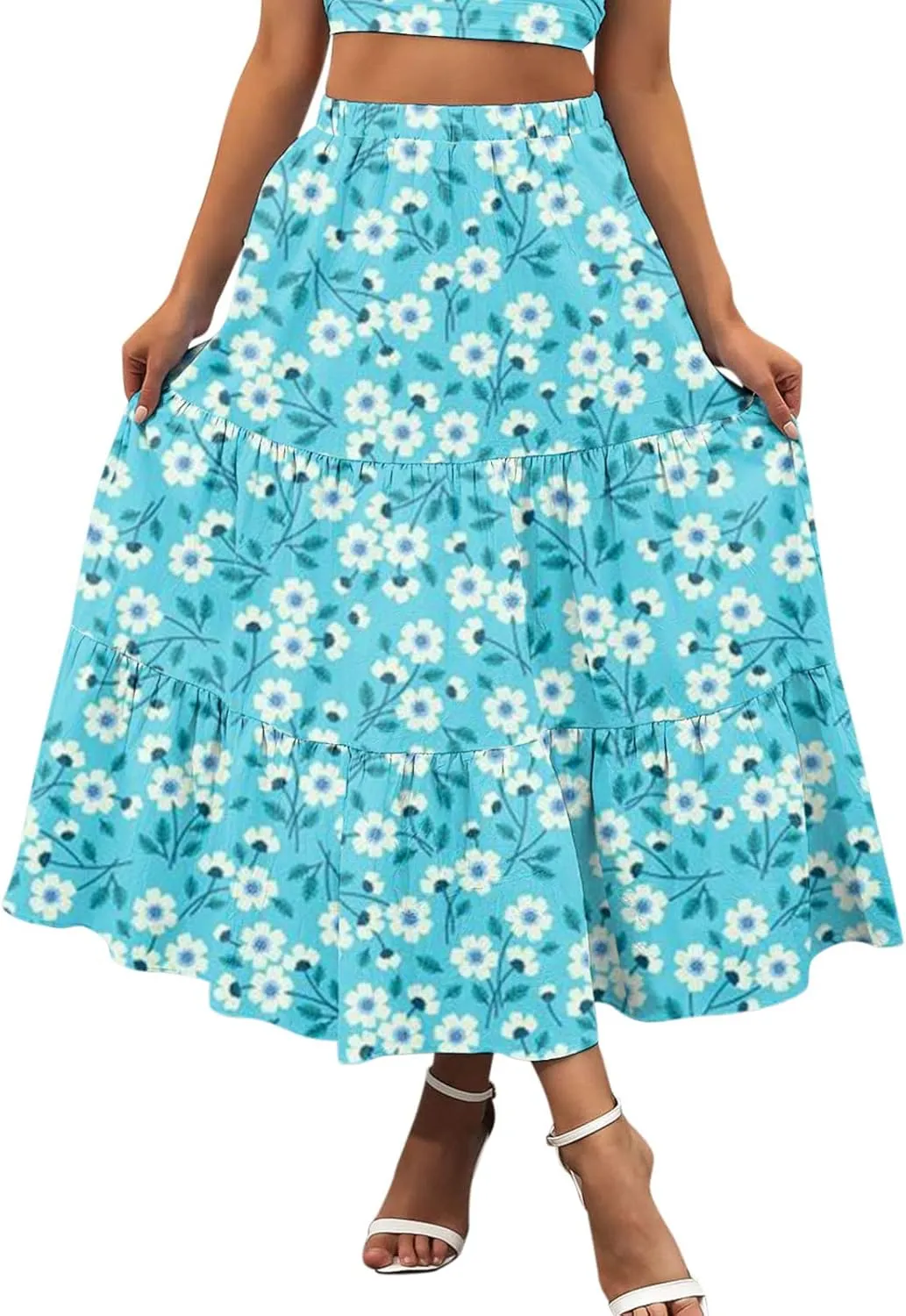 Flowy Pleated Maxi Midi Skirts for Women Casual Summer Boho Maxi Skirt Solid Color High Waisted Swing Tiered A-Line Skirt