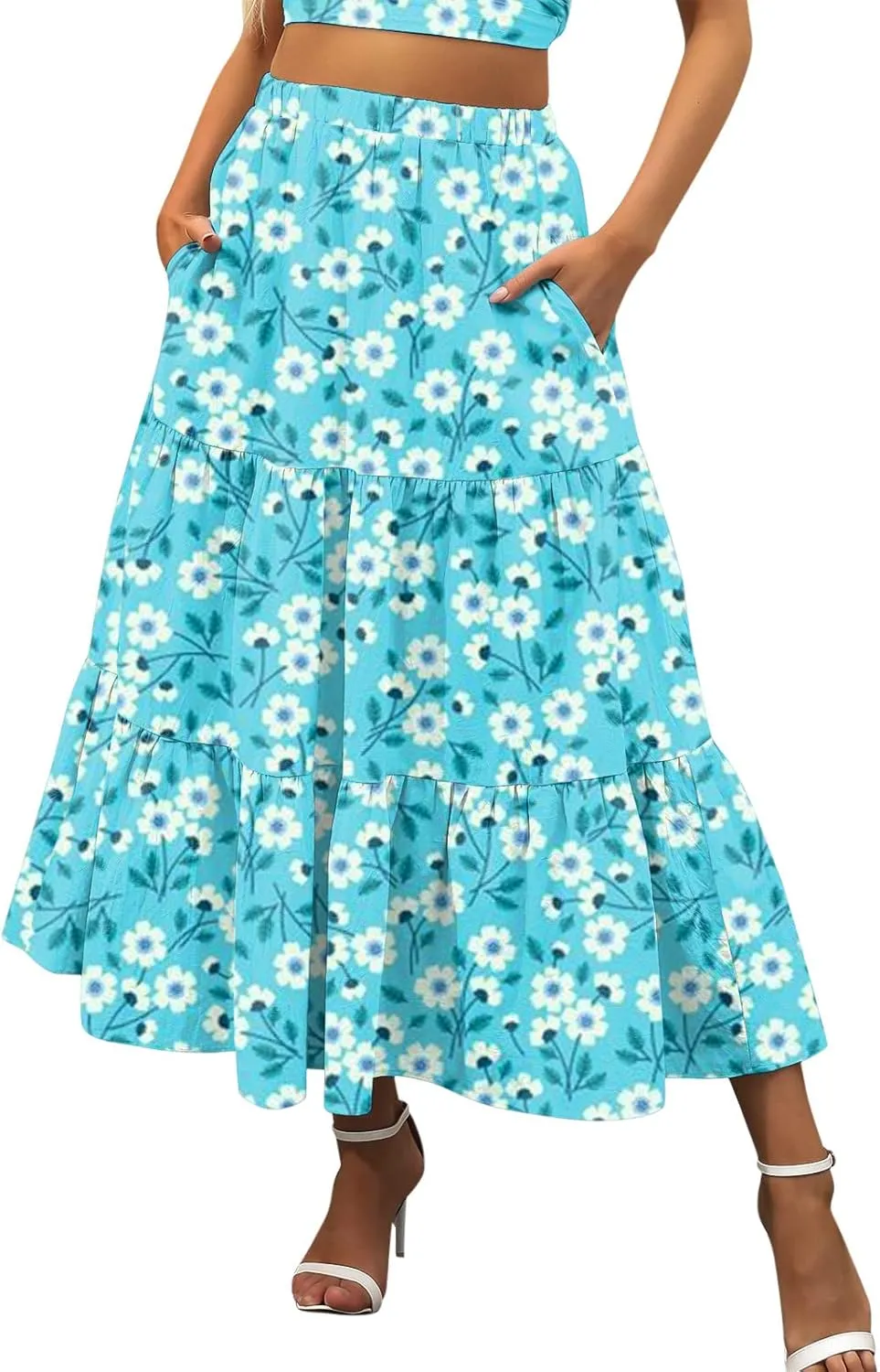 Flowy Pleated Maxi Midi Skirts for Women Casual Summer Boho Maxi Skirt Solid Color High Waisted Swing Tiered A-Line Skirt