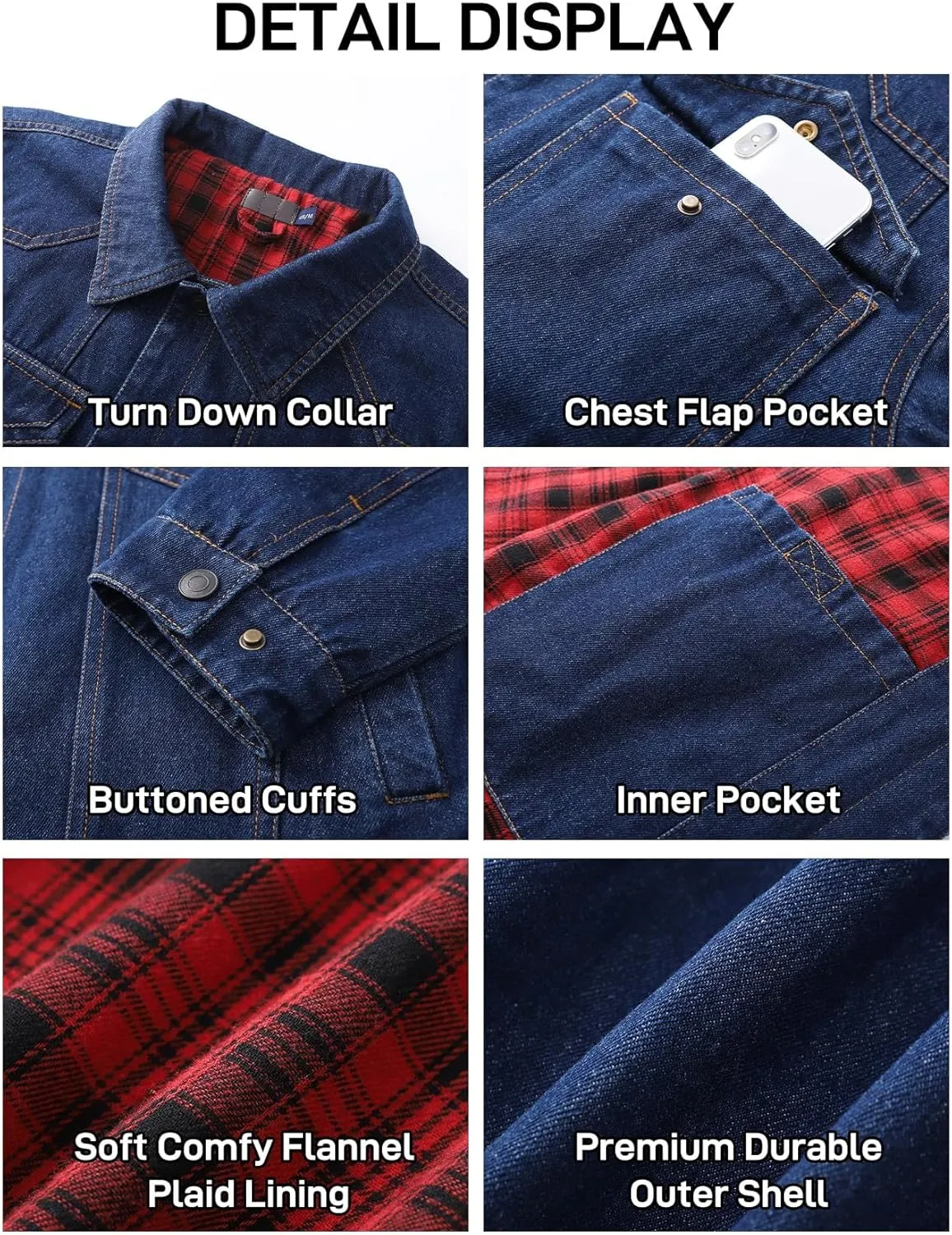 Flygo Mens Flannel Lined Denim Jacket Snap Cowboy Cut Western Classic Slim Fit Vintage Heavy Duty Jacket Trucker Coat