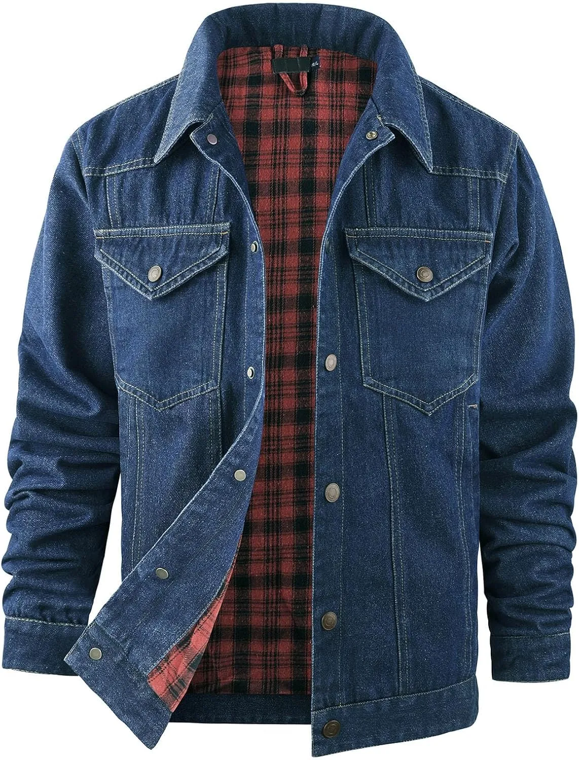 Flygo Mens Flannel Lined Denim Jacket Snap Cowboy Cut Western Classic Slim Fit Vintage Heavy Duty Jacket Trucker Coat