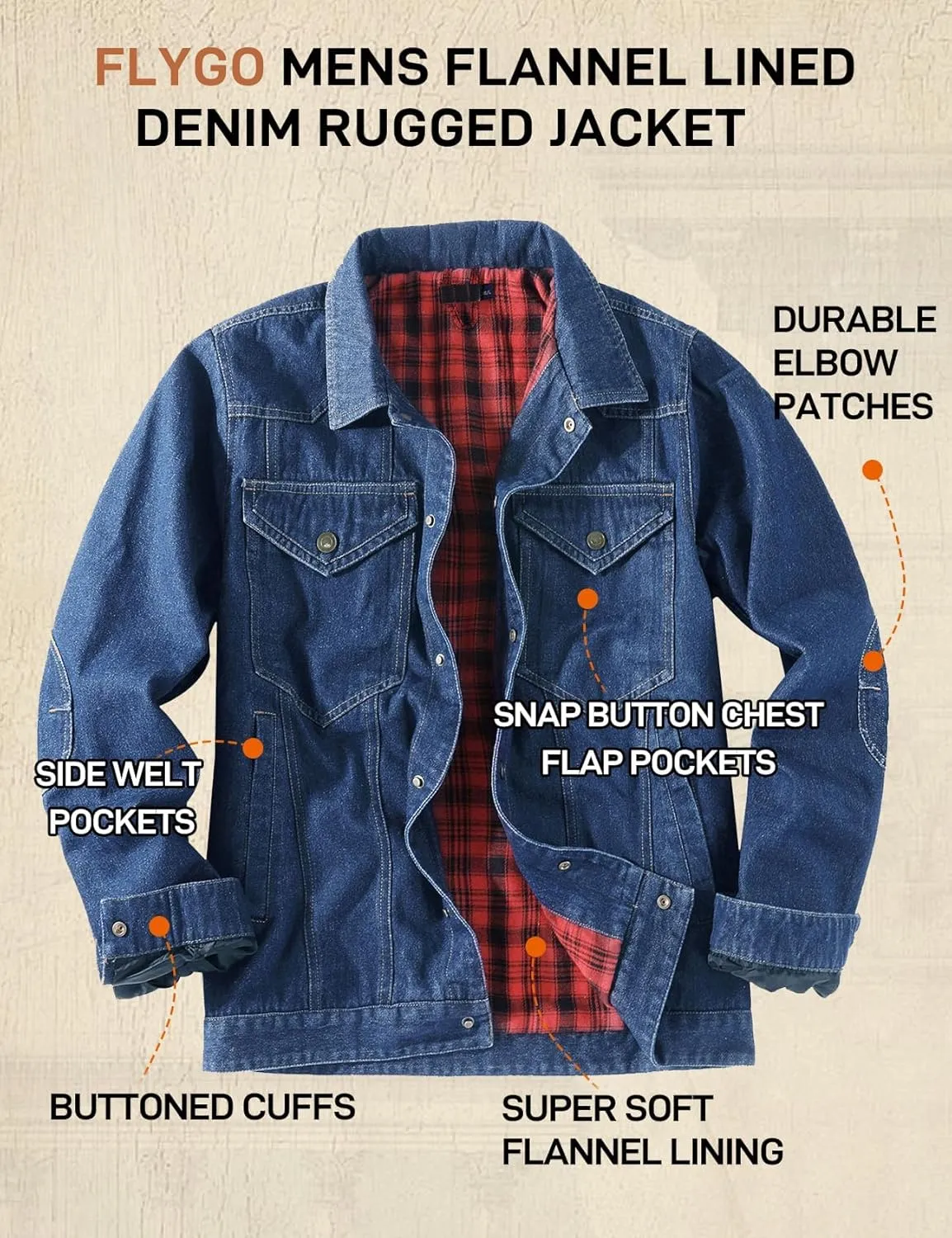 Flygo Mens Flannel Lined Denim Jacket Snap Cowboy Cut Western Classic Slim Fit Vintage Heavy Duty Jacket Trucker Coat