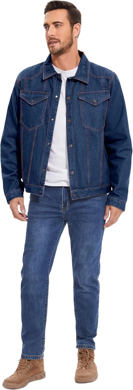 Flygo Mens Flannel Lined Denim Jacket Snap Cowboy Cut Western Classic Slim Fit Vintage Heavy Duty Jacket Trucker Coat