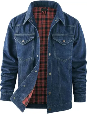 Flygo Mens Flannel Lined Denim Jacket Snap Cowboy Cut Western Classic Slim Fit Vintage Heavy Duty Jacket Trucker Coat