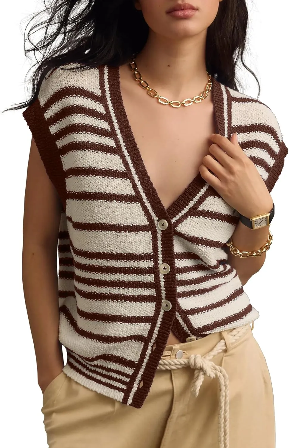 Gacaky Womens Striped Cap Sleeve Knit Sweater Vest Tank Tops Button Up Cardigan Sweater Vests