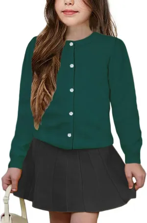 Girls' Cardigan Sweater [Cute Petal Buttons] Cotton Long Sleeve Crewneck Uniform Sweater for 5-14 Years Girls