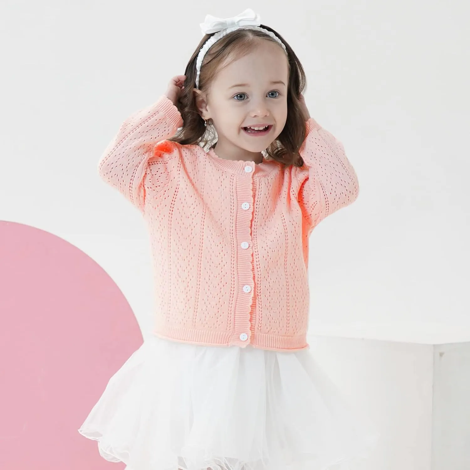 Girls' Knitted Cardigan Long-Sleeved Round Neck Spring Thin Sweater Newborn Baby Girl Cotton Heart-Shaped Sweater Coat