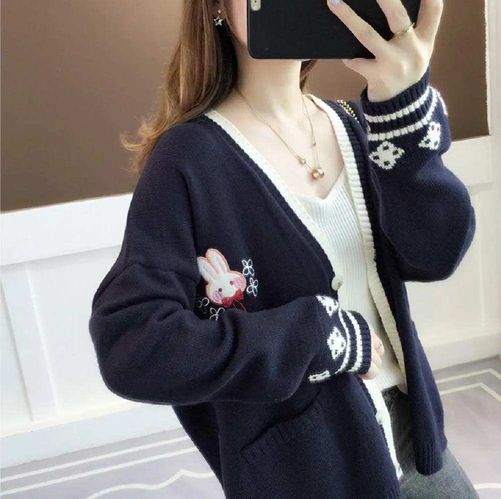 GK-O Mori Girl Kawaii Rabbit Japan JK Uniform Knit Cardigan Sweater Girl School Cosplay Sweater