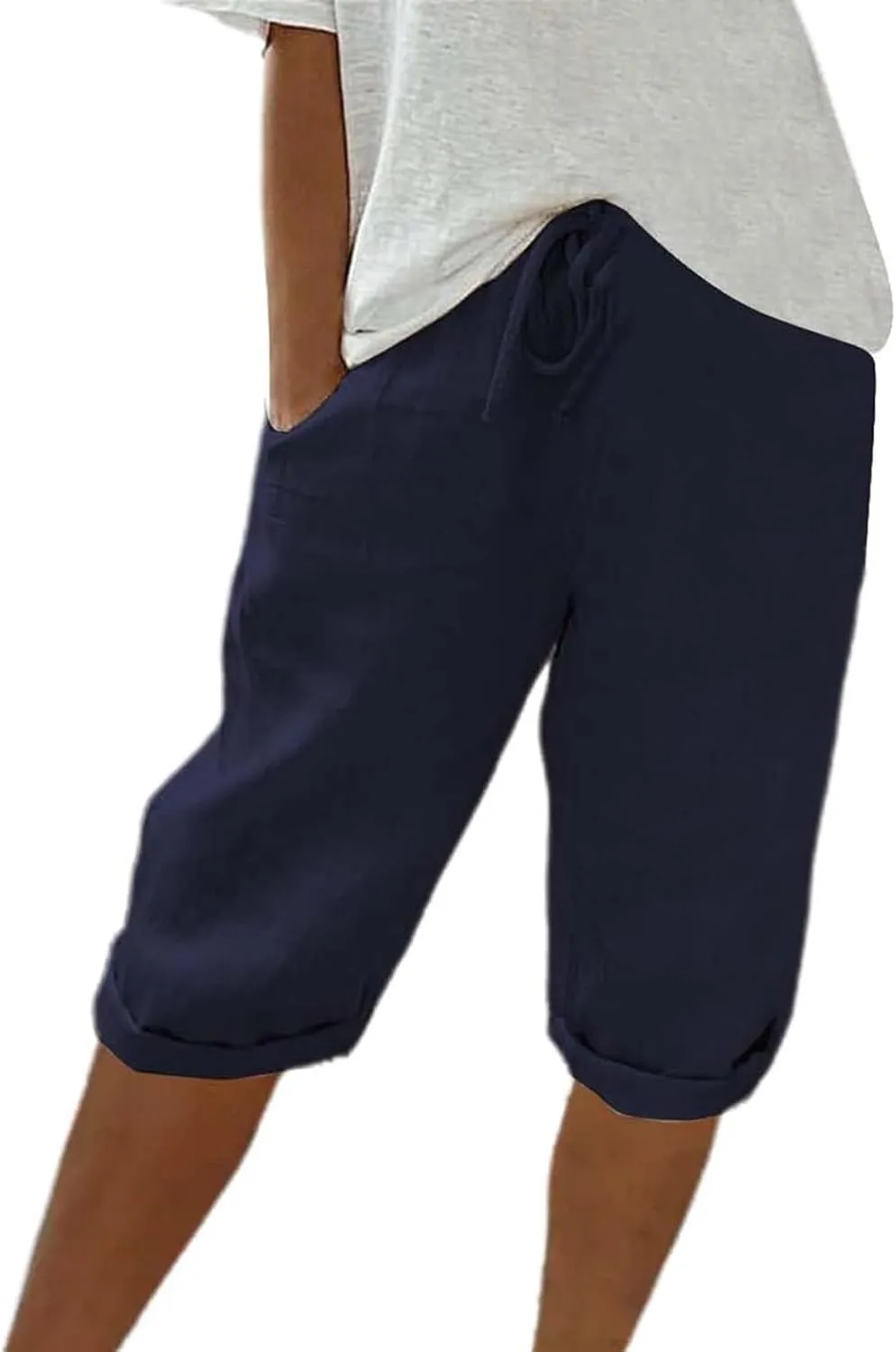 GOFULY Bermuda Shorts for Women Knee Length Cotton Linen Elastic Waist Drawstring Shorts Summer Capris Pants with Pockets