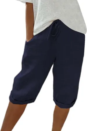 GOFULY Bermuda Shorts for Women Knee Length Cotton Linen Elastic Waist Drawstring Shorts Summer Capris Pants with Pockets
