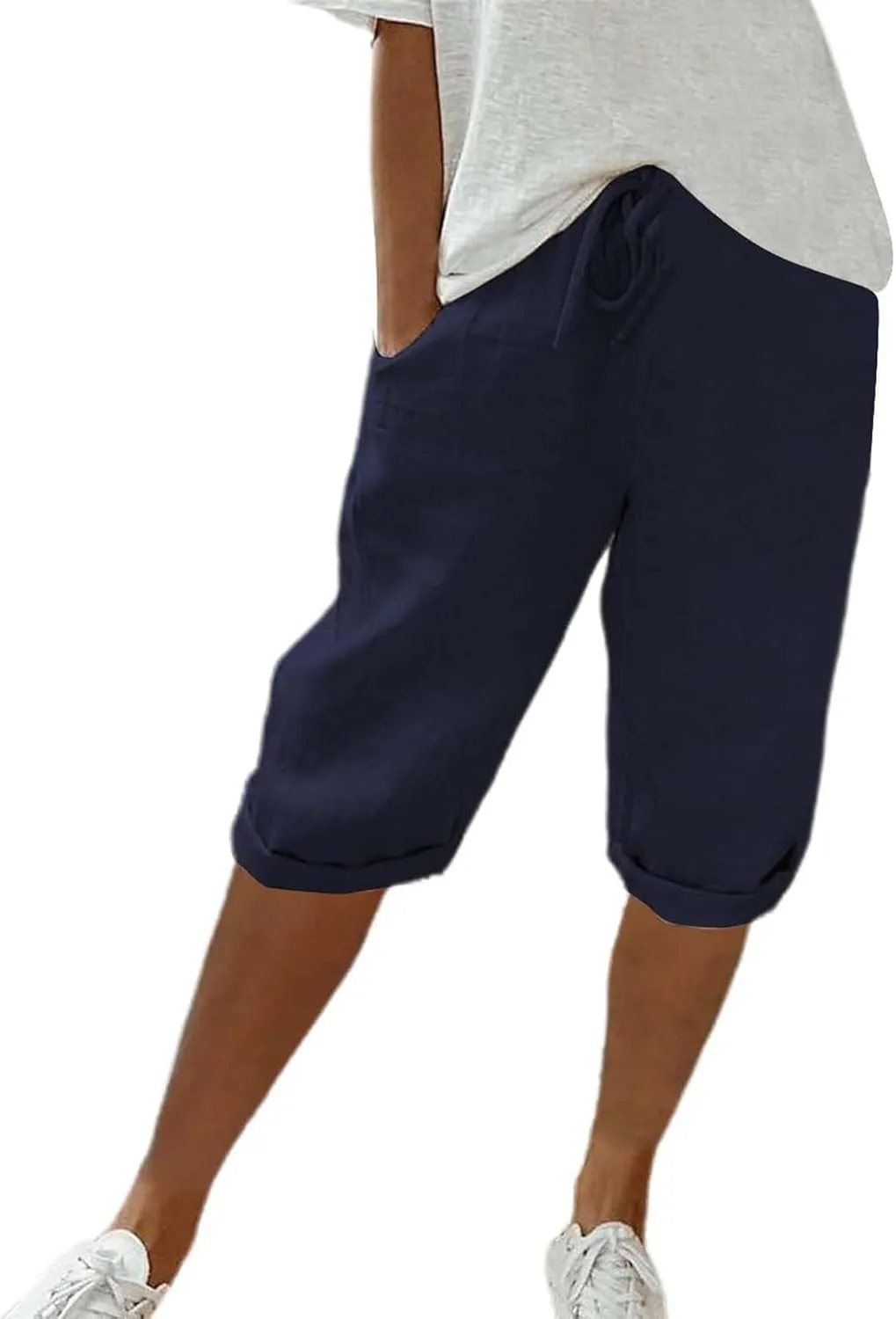 GOFULY Bermuda Shorts for Women Knee Length Cotton Linen Elastic Waist Drawstring Shorts Summer Capris Pants with Pockets