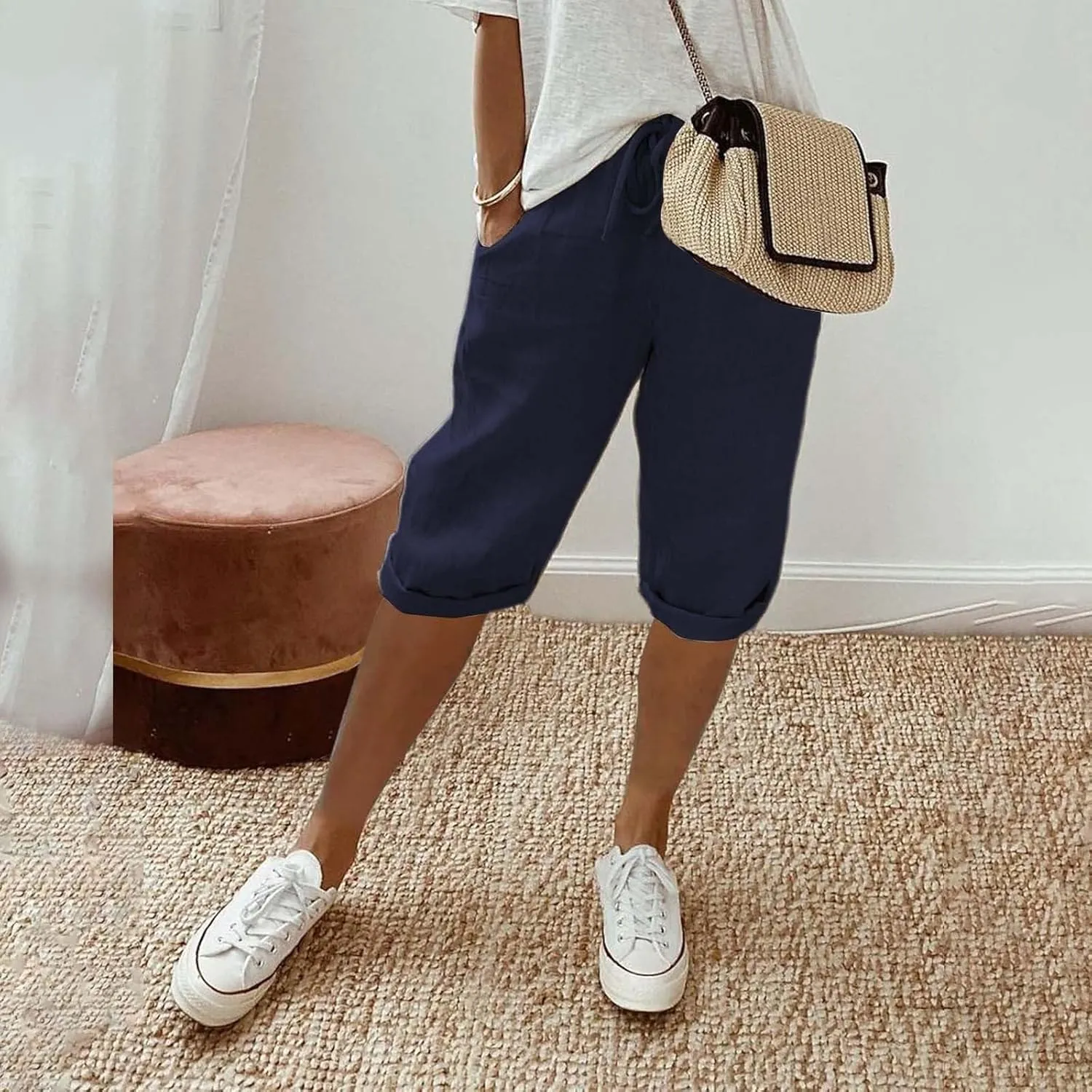 GOFULY Bermuda Shorts for Women Knee Length Cotton Linen Elastic Waist Drawstring Shorts Summer Capris Pants with Pockets