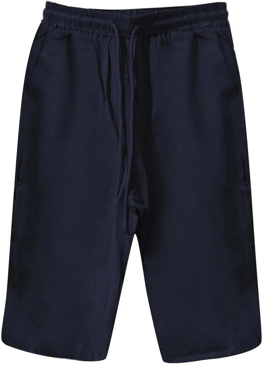 GOFULY Bermuda Shorts for Women Knee Length Cotton Linen Elastic Waist Drawstring Shorts Summer Capris Pants with Pockets