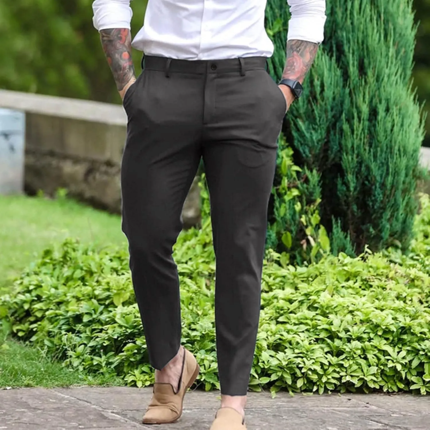 GOKKILRW Mens Slim Fit Dress Tapered Leg Pants Casual Business Office Work Pants Comfy Flat-Front Stretch Chino Golf Trousers