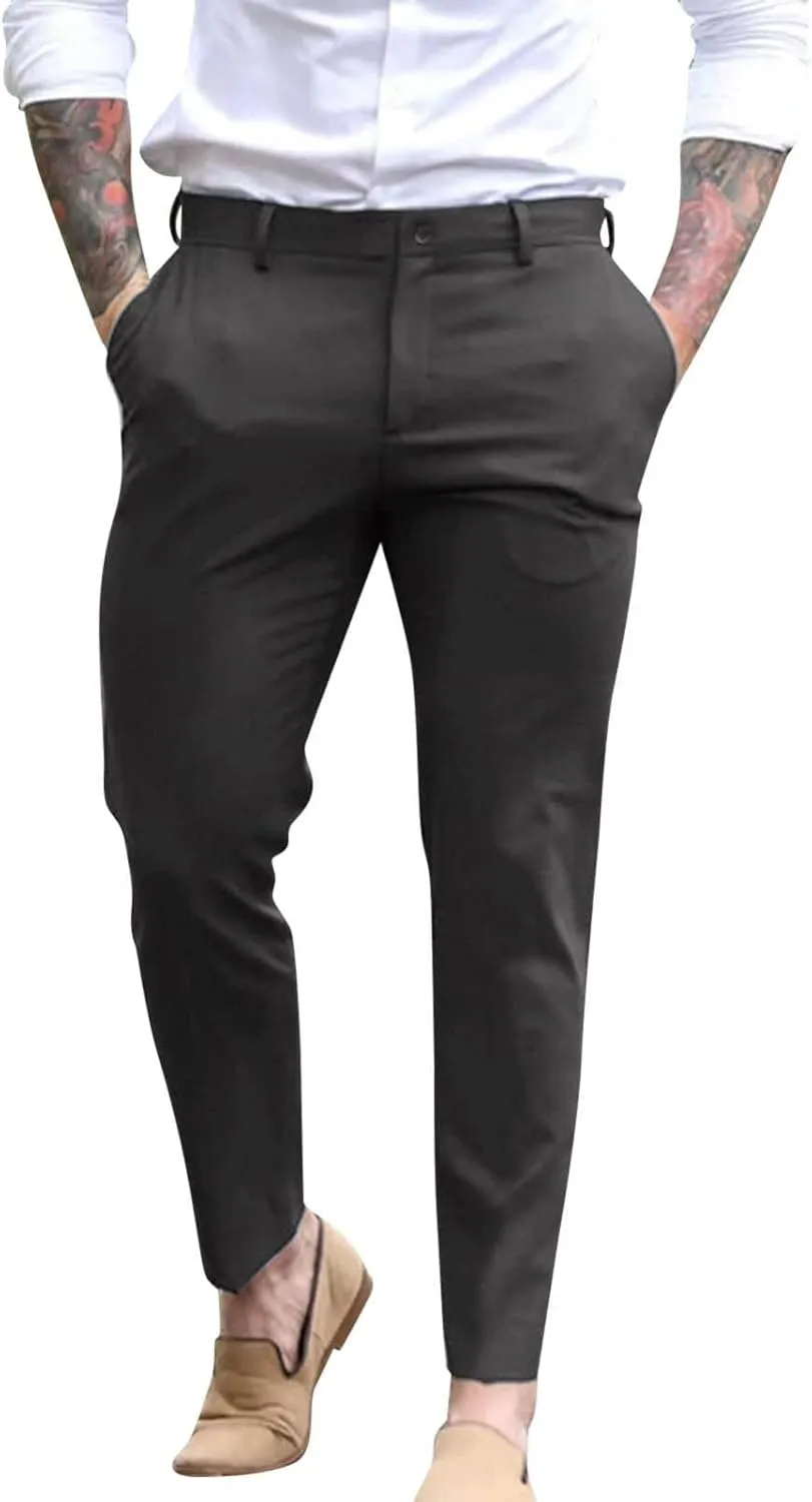 GOKKILRW Mens Slim Fit Dress Tapered Leg Pants Casual Business Office Work Pants Comfy Flat-Front Stretch Chino Golf Trousers