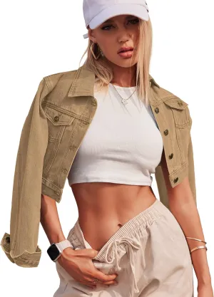 Grabsa Women's Button Down Long Sleeve Cropped Denim Jean Jacket with Pockets