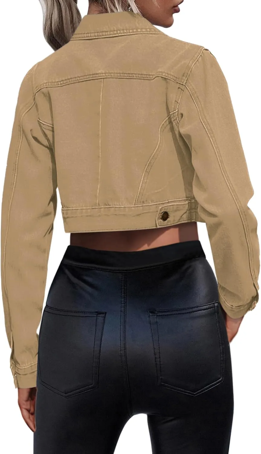 Grabsa Women's Button Down Long Sleeve Cropped Denim Jean Jacket with Pockets